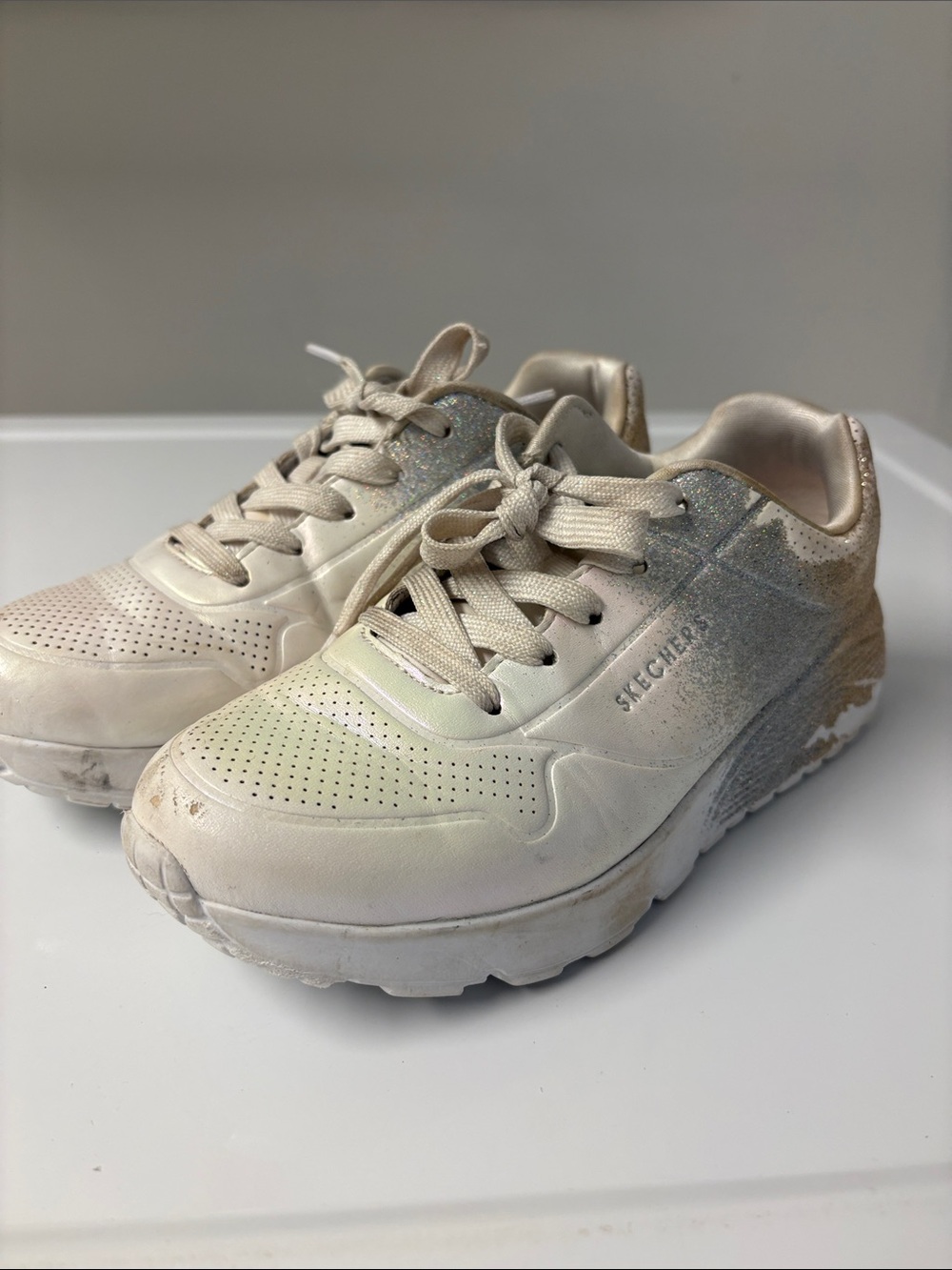 Skechers Kids Cream Metallic Glitter Lace-Up Sneakers